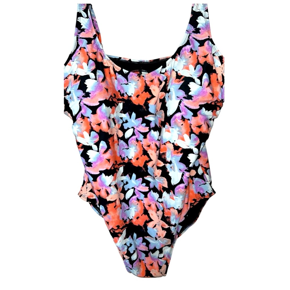 NWT ROATAN One-Piece Floral Swimsuit w/adjustable straps, P:20.5”, L:34” Blk/Pur